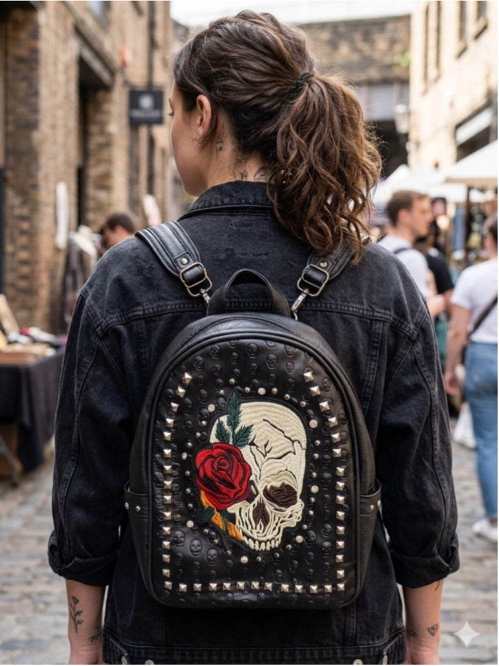 Black Studded Backpack w/Skull & Red Rose